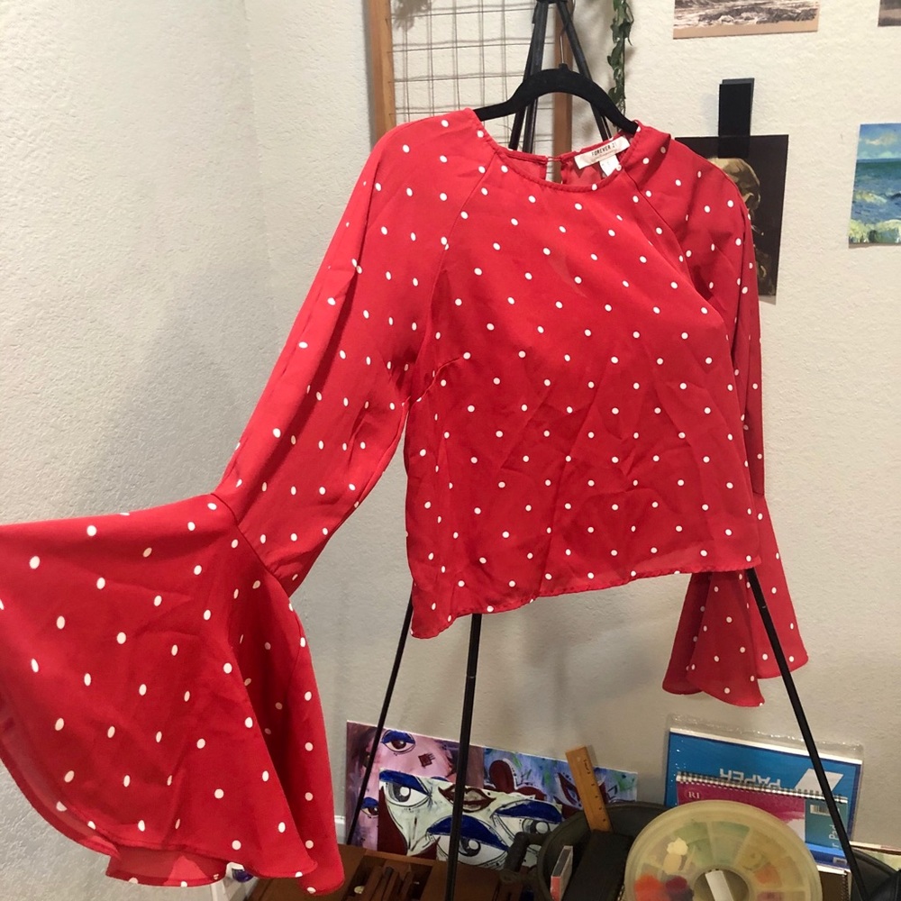 White and red polka dot flared sleeve blouse